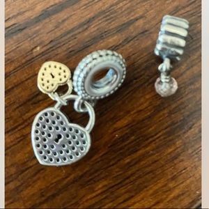 Pandora 14K gold & Silver925 heart  Charm 791807 &Pink Dangling 2 Charms Lot-pj1